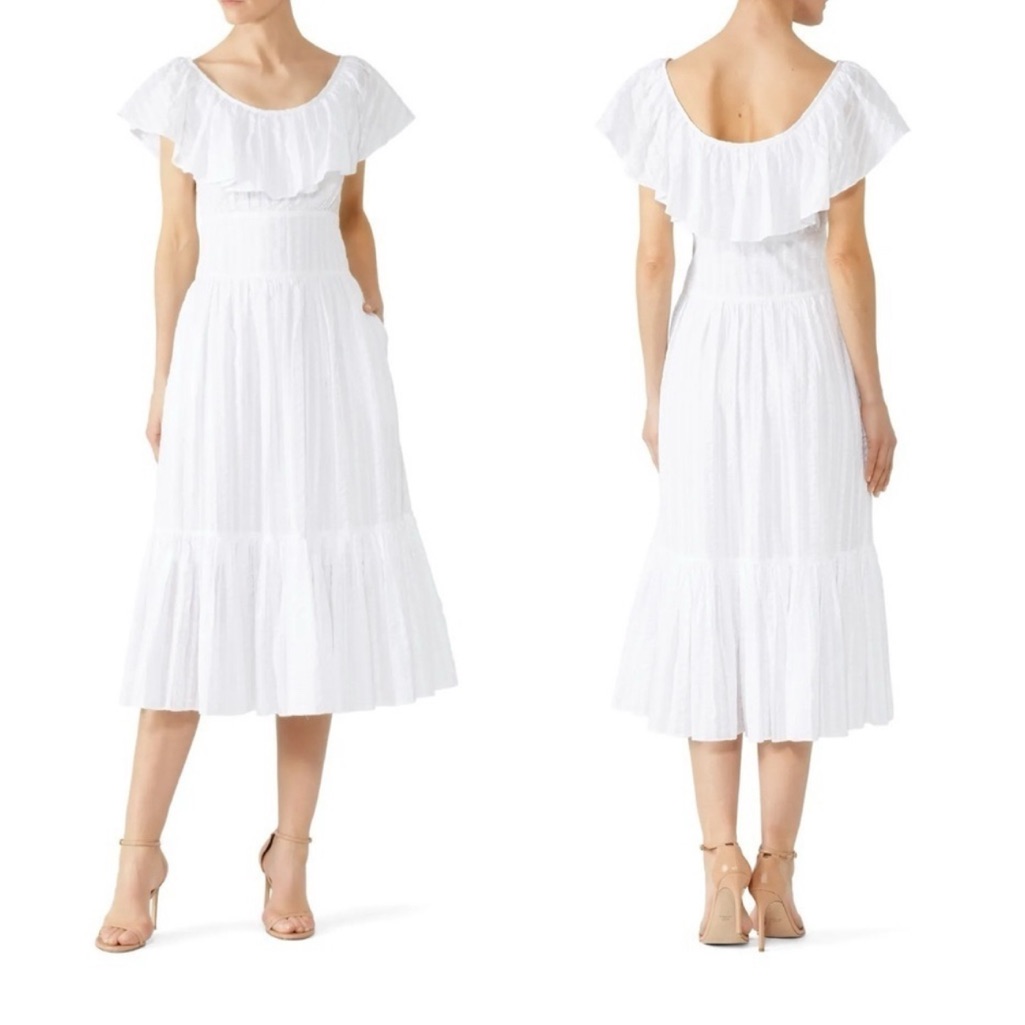 Tory Burch White Tonal Stripe Seersucker Cotton Tiered Skirt Flounce Neck Dress